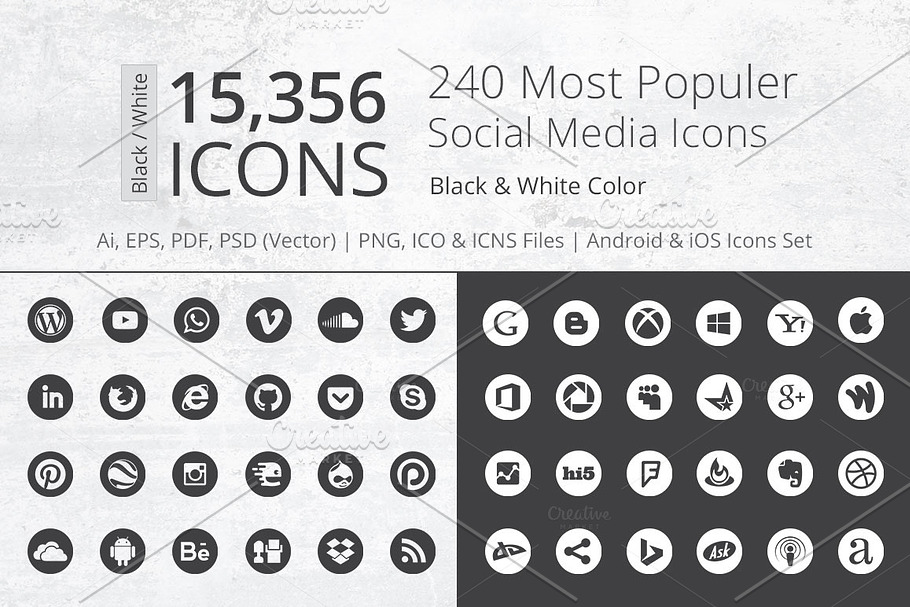 240 Round B/W Social Media Icons in Vector Social Icons - product preview 8