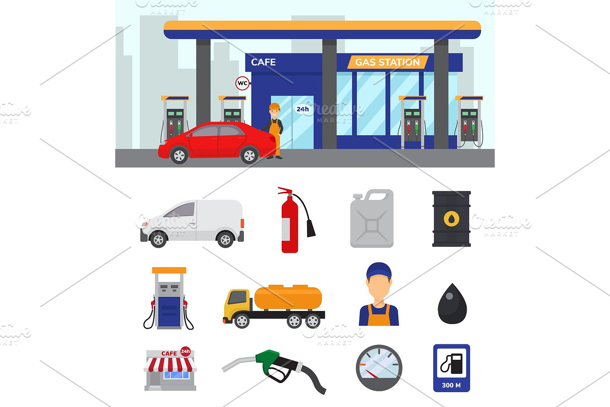 Gas station vector gasoline fuel or petrol and diesel for fueling cars illustration set of transportation refuel icons isolated on white background in Illustrations - product preview 8