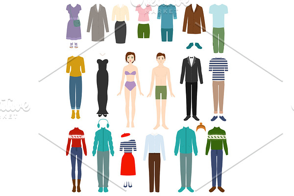 Clothing vector woman or man wearing clothes and female or male fashion accessories illustration set of apparel or garment shopping isolated on white background