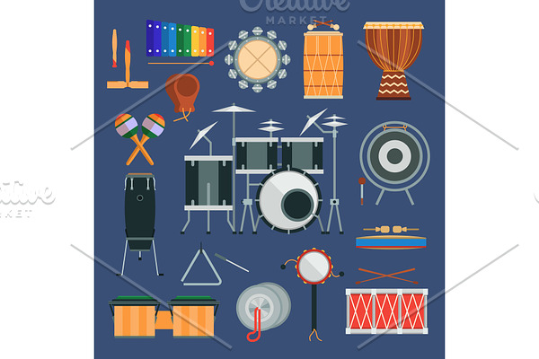 Vector drum percussion musical instruments flat style classical orchestral, rock-pop concert drums traditional national cartoon music instruments design elements