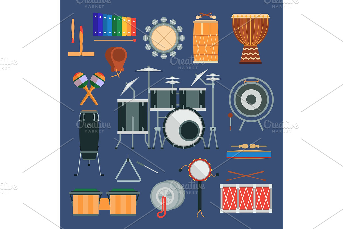 Vector drum percussion musical instruments flat style classical orchestral, rock-pop concert drums traditional national cartoon music instruments design elements in Illustrations - product preview 8