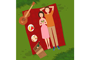 Young couple two people woman and man lie on the grass vector illustration of summer picnik top view couple in love lying on grass barbecue outdoor romantic date people