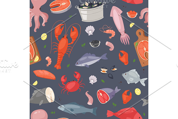 Seafood vector sea fish shellfish and lobster on fishmarket illustration fishery set of salmon prawn for ocean gourmet dinner isolated on seamless pattern background