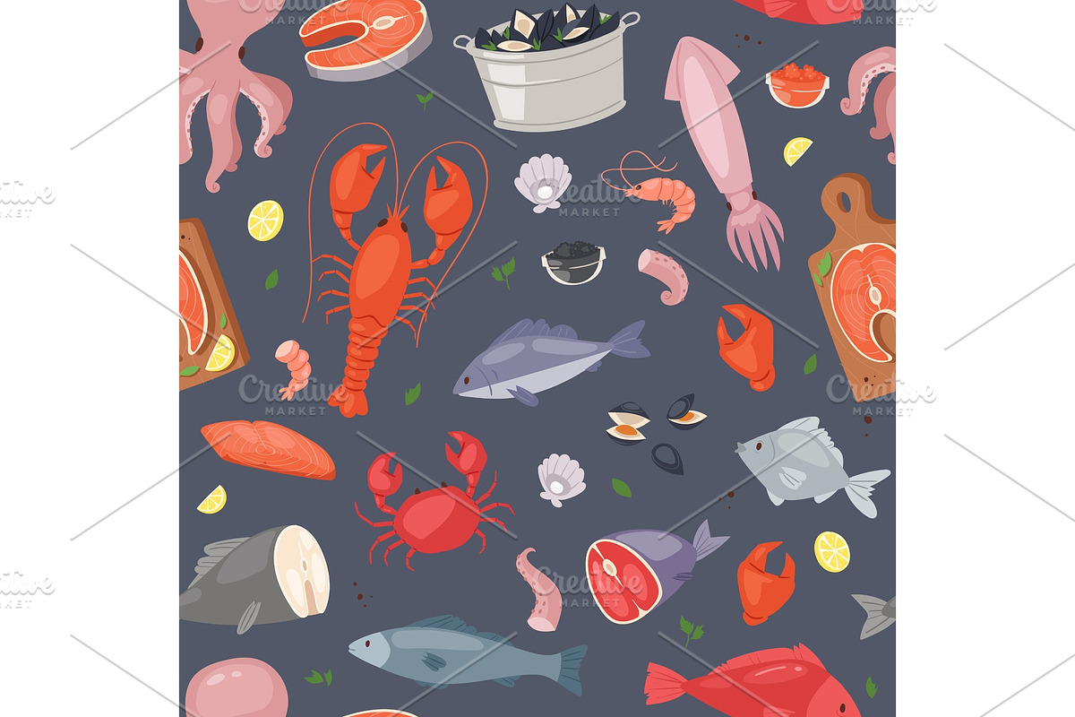 Seafood vector sea fish shellfish and lobster on fishmarket illustration fishery set of salmon prawn for ocean gourmet dinner isolated on seamless pattern background in Illustrations - product preview 8