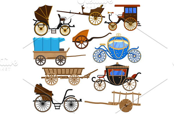 Carriage vector vintage transport with old wheels and antique transportation illustration set of royal coach and chariot or wagon for traveling isolated on white background