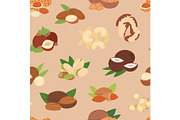 Nut vector nutshell of hazelnut or walnut and almond nuts set nutrition with cashew peanut and chestnuts nutmeg illustration isolated on seamless pattern background