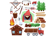 Timber vector lumberman character and logger saws lumber or hardwood set of wooden timbered materials in sawmill and lumberjack isolated on white background