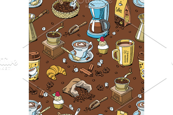 Coffee set coffeebeans and coffeecup vector drink hot espresso or cappuccino in coffeeshop and mug with caffeine in bar illustration seamless pattern background