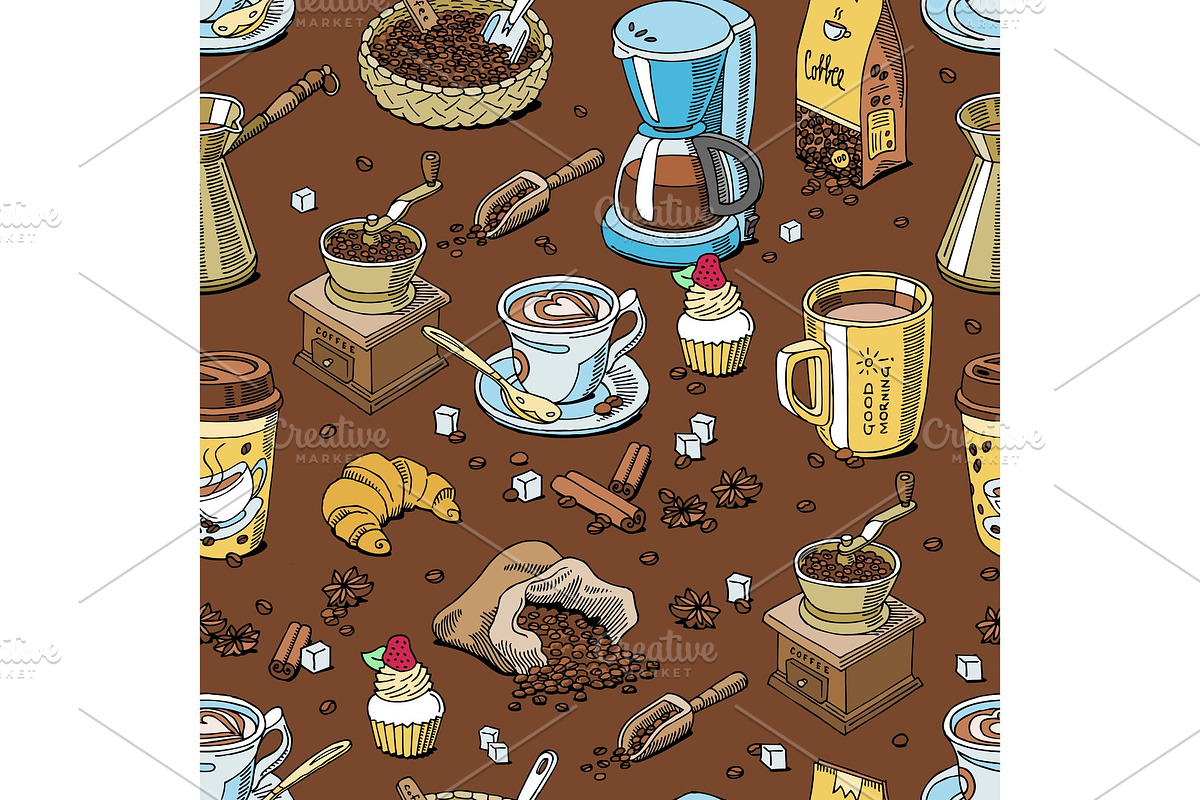 Coffee set coffeebeans and coffeecup vector drink hot espresso or cappuccino in coffeeshop and mug with caffeine in bar illustration seamless pattern background in Illustrations - product preview 8