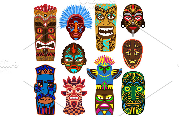 Tribal mask vector masking ethnic culture and aztec face masque illustration set of traditional aborigine masked symbol isolated on white background