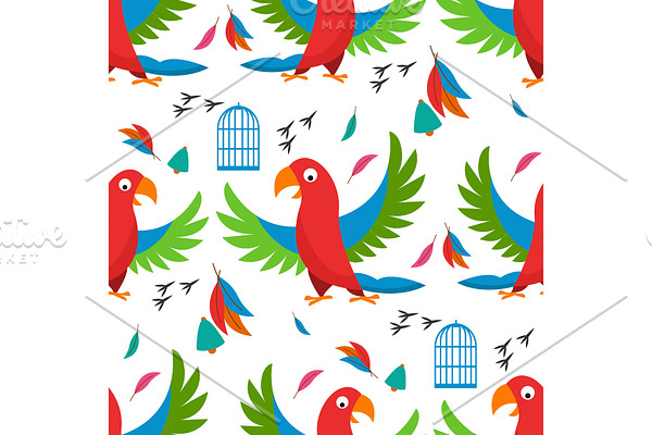 Seamless pattern parrot bird cell vector illustration wild animal characters cute fauna tropical feather pets background.