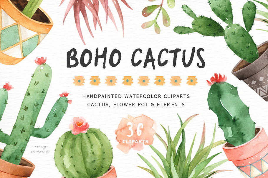 Boho Cactus Watercolor Clip Arts