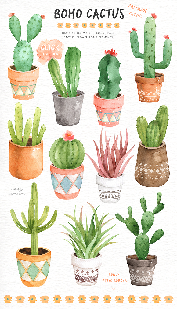 Boho Cactus Watercolor Clip Arts in Illustrations - product preview 1