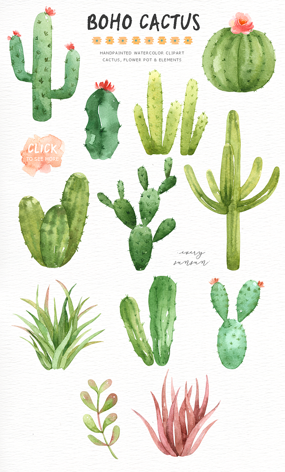 Boho Cactus Watercolor Clip Arts in Illustrations - product preview 2