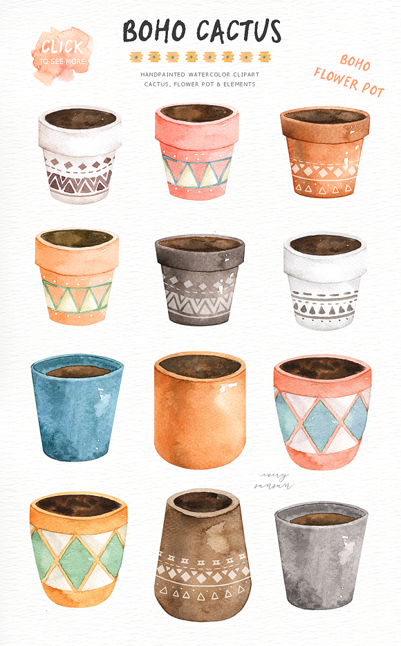 Boho Cactus Watercolor Clip Arts in Illustrations - product preview 3