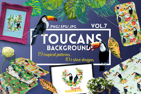 Watercolor Floral Design Set Toucans