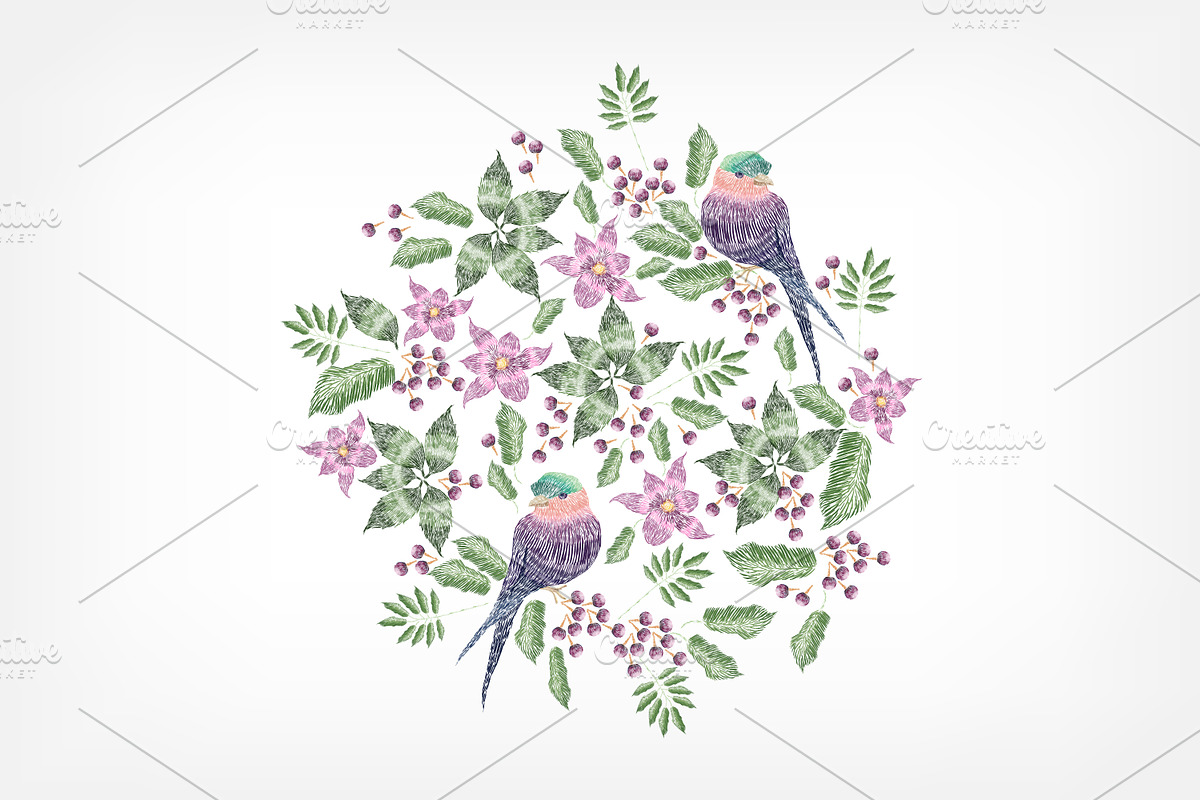 Embroidery design with birds,flowers in Illustrations - product preview 8