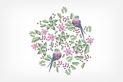 Embroidery design with birds,flowers