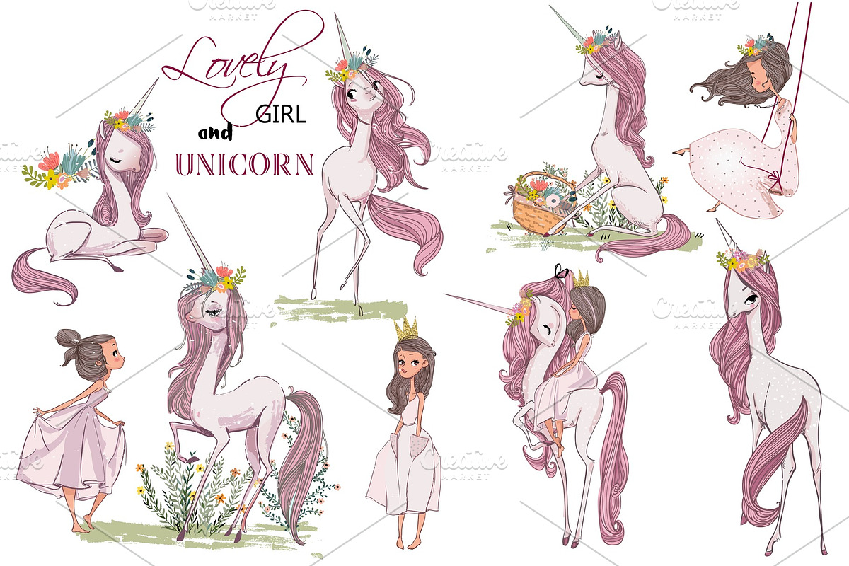 Pink Unicorn with Princess in Illustrations - product preview 8