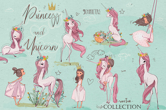 Pink Unicorn with Princess in Illustrations - product preview 1