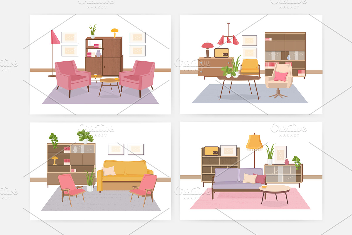 Retro interior, living room in Illustrations - product preview 8