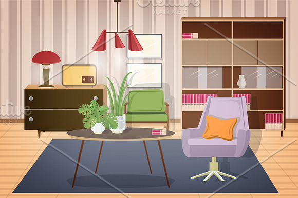 Retro interior, living room in Illustrations - product preview 1