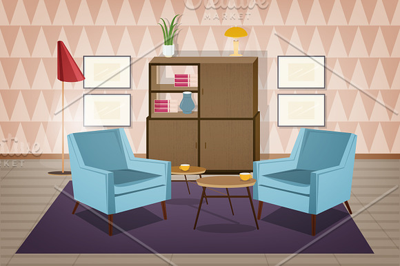 Retro interior, living room in Illustrations - product preview 2