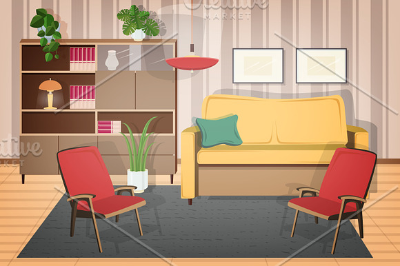 Retro interior, living room in Illustrations - product preview 3