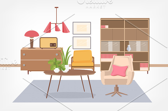 Retro interior, living room in Illustrations - product preview 4