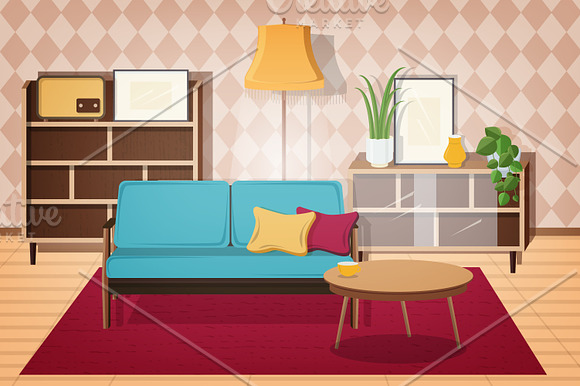 Retro interior, living room in Illustrations - product preview 5