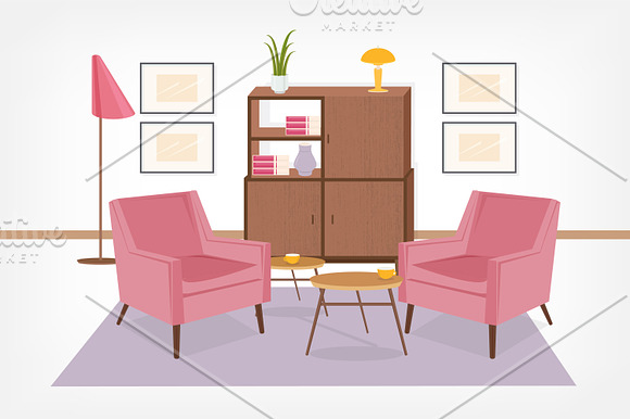 Retro interior, living room in Illustrations - product preview 6