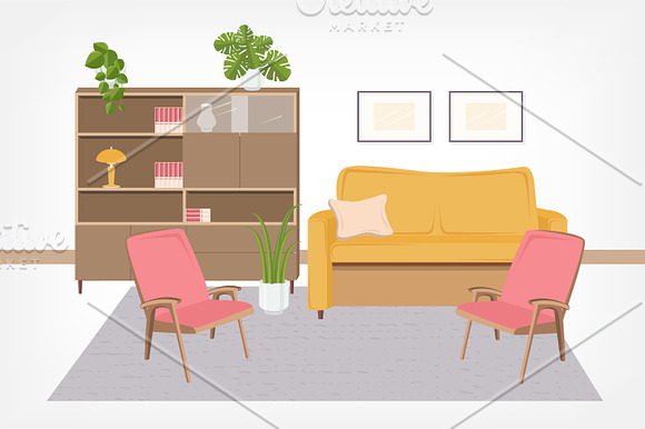 Retro interior, living room in Illustrations - product preview 7