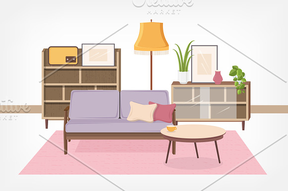Retro interior, living room in Illustrations - product preview 8