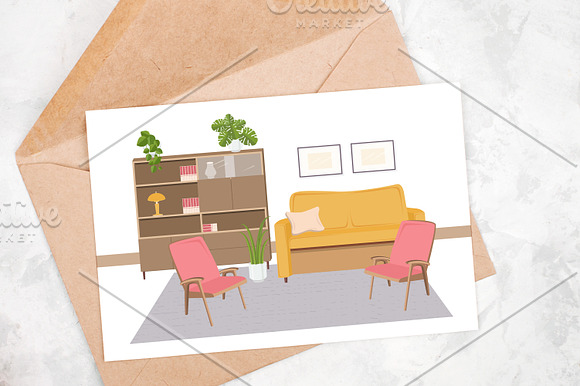 Retro interior, living room in Illustrations - product preview 9