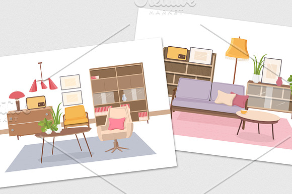 Retro interior, living room in Illustrations - product preview 10