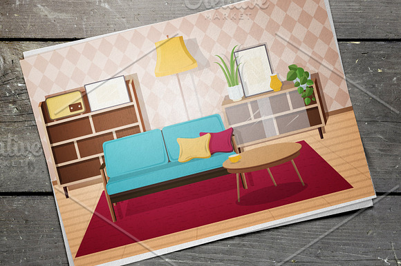 Retro interior, living room in Illustrations - product preview 11
