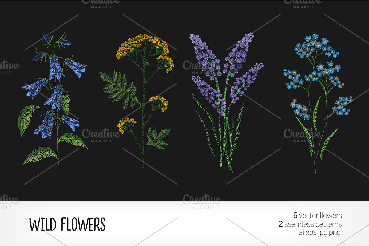 Embroidered blooming wild flowers in Illustrations - product preview 8