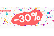 Discount voucher template design with colorful confetti tinsel.