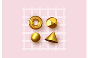 Abstract geometric background. 3D Shapes, golden color spheres, torus, cones.