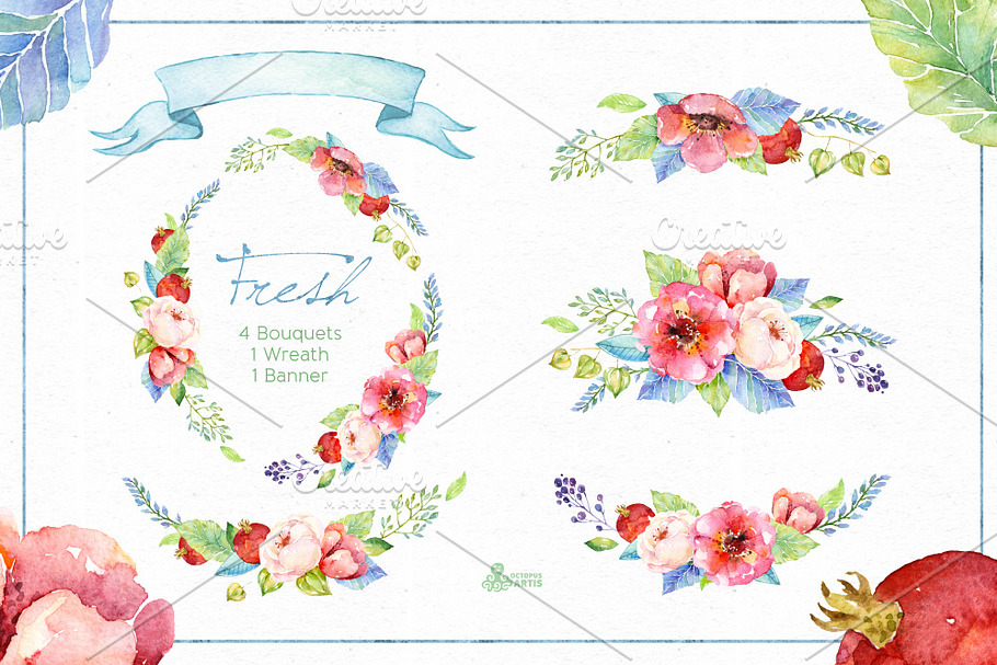 Fresh Flowers watercolor Pack in Illustrations - product preview 8