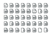 Set of icons all popular program formats. PDF DOC and many others uniform. Vector illustration flat. Black and white isolated