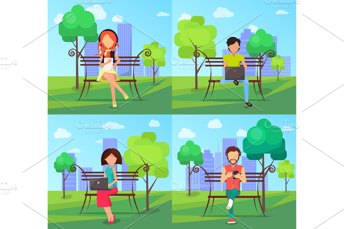 People in Park Using Modern Computer Technologies in Illustrations - product preview 8