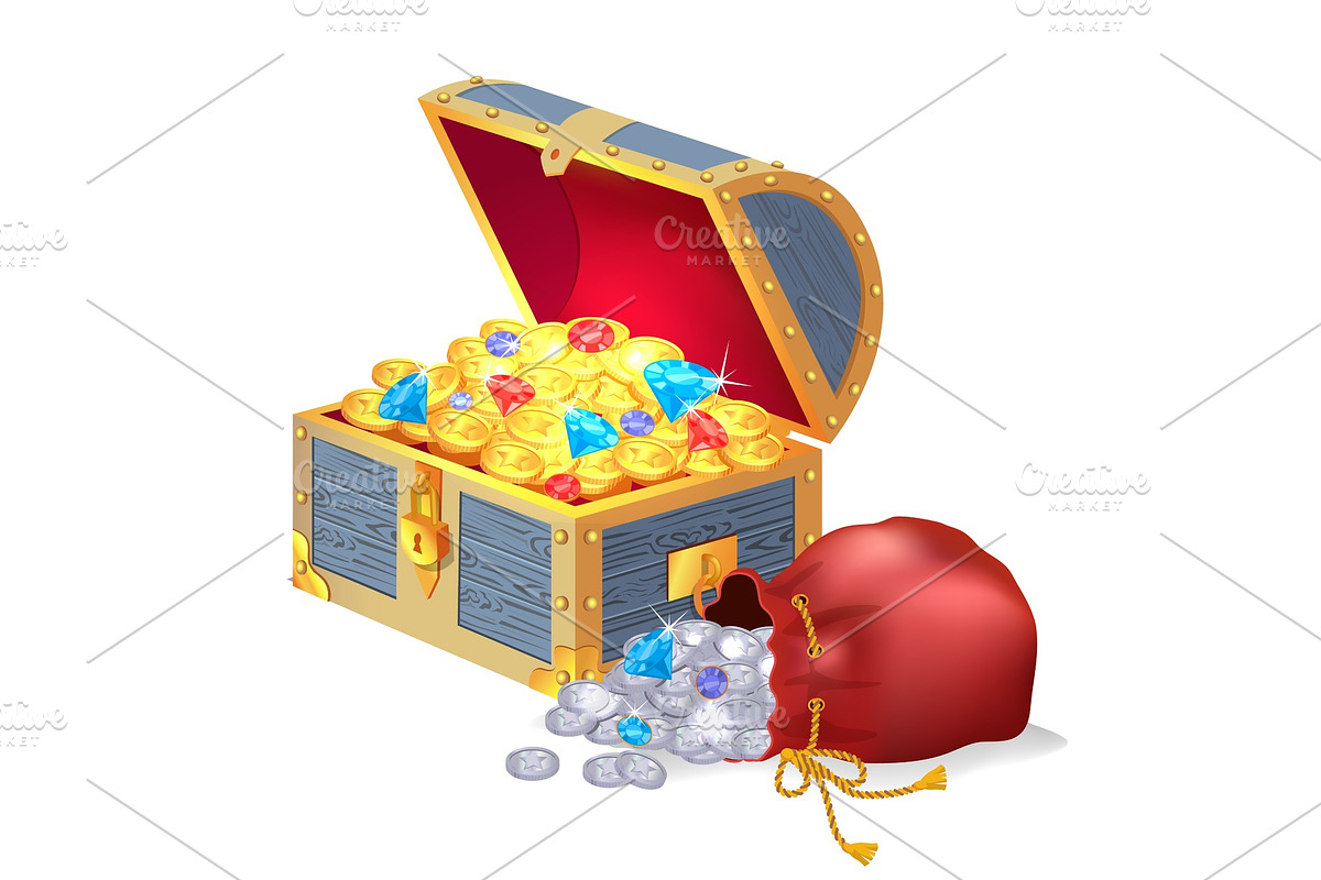 Chest Full of Treasures and Bag of Silver Coins in Illustrations - product preview 8