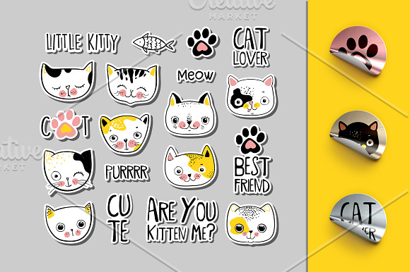 Set of funny cats stickers in Illustrations - product preview 1