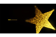 Star banner background design with glowing particles isolated on dark black backdrop. Copy space. Light golden star shape consist of shine, glitter, glow, spark effect