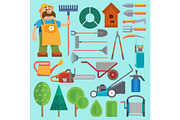 Garden equipment and gardener vector farmer flat set character with beard and rake illustration. Set of agriculture farming tools on white. Spring garden equipment flat set watering green plants