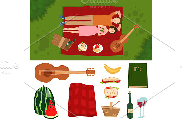 Adult couple man and woman on summer picnic barbecue outdoor romantic summer picnic food vector illustration