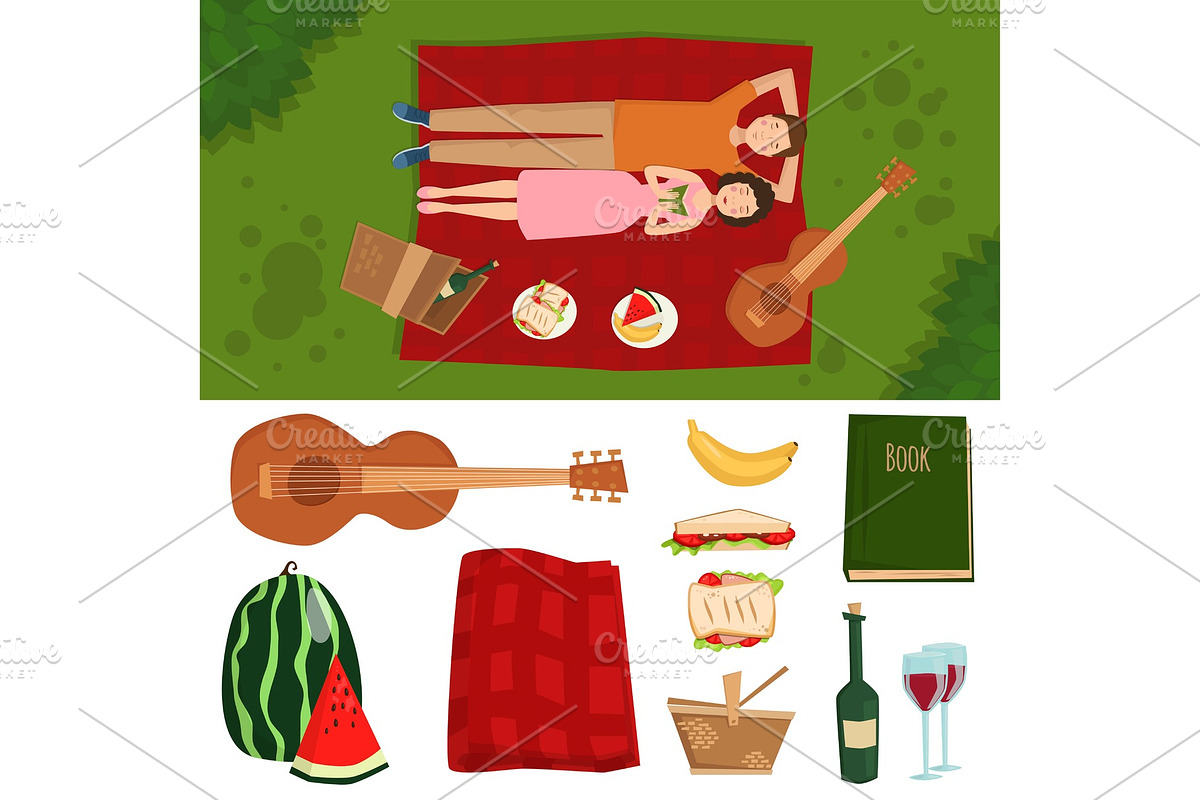 Adult couple man and woman on summer picnic barbecue outdoor romantic summer picnic food vector illustration in Illustrations - product preview 8