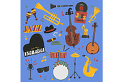 Jazz musical vector instruments tools piano and saxophone music sound illustration of jazzband rock concert note jazz singer entertainment festival music style