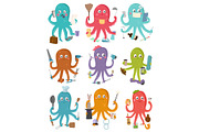 Octopus occupation vector illustration cartoon octopi character of businessman constructor or housewife doing multiple tasks set of doctor artist or chief-cooker octopuses isolated on white background